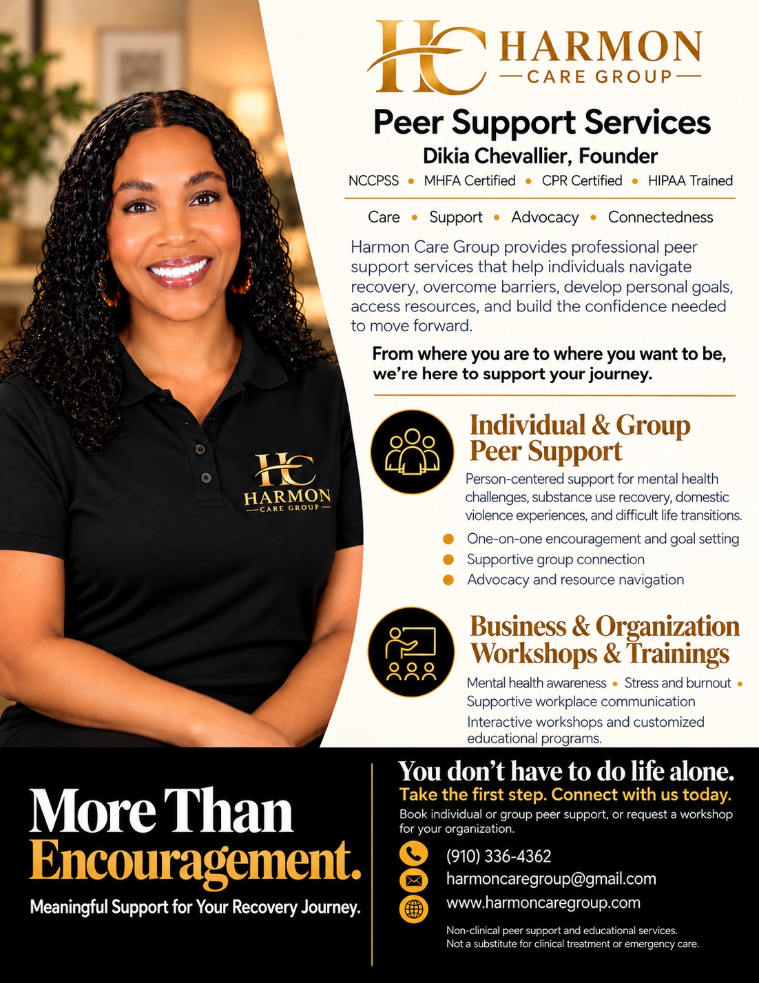 Dikia Chevallier smiling in a black Harmon Care Group polo